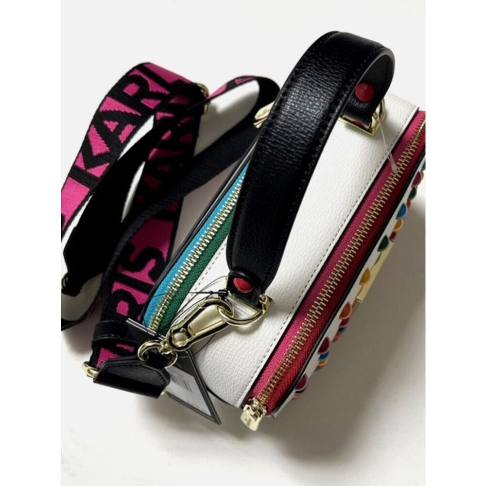 NWT Karl Lagerfeld Simone Crossbody Top Handle – White Multi Stud Logo - Picture 3 of 7